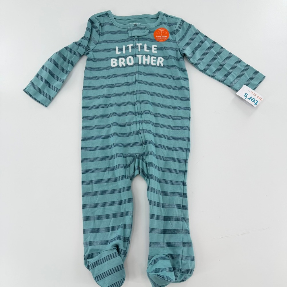 Carter's Sleeper Footed Pajamas Little Brother Baby 9M Teal Blue Striped Zipper